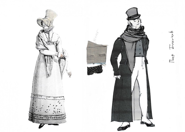 Эскизы костюмов, разработанные специально для спектакля «Война и мир» в театре «Модерн» — дама на балу и Пьер Безухов