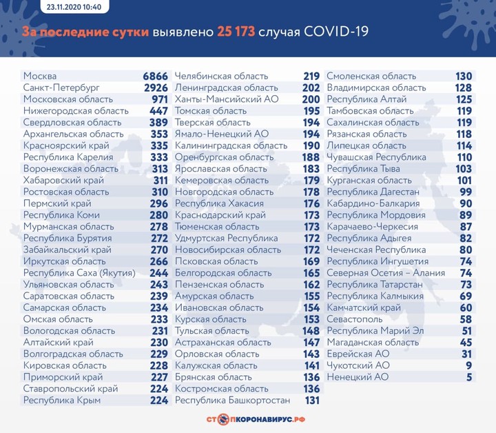 Рекордные 25 173 случая коронавируса за сутки выявили в России