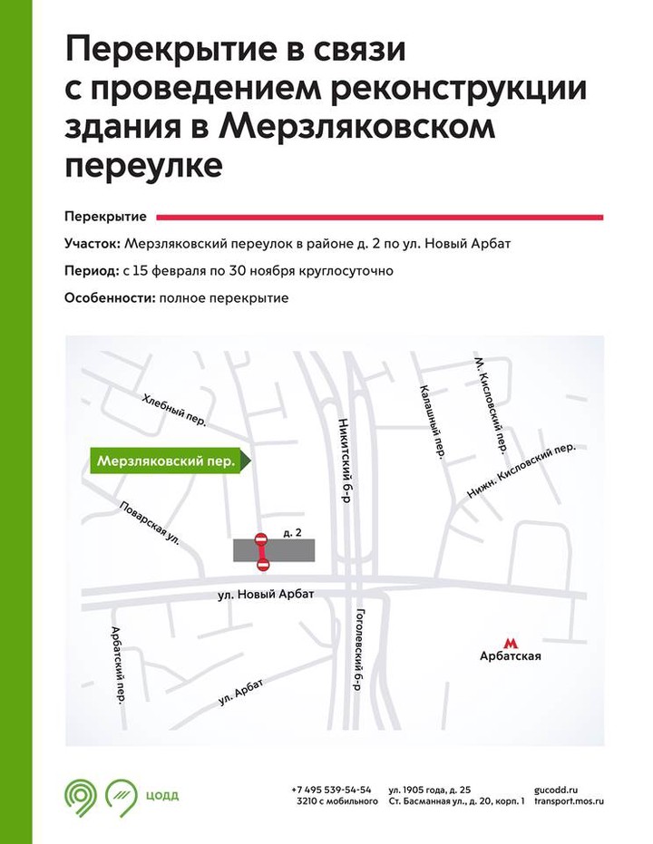Москвичей предупредили о перекрытии движения в Мерзляковском переулке