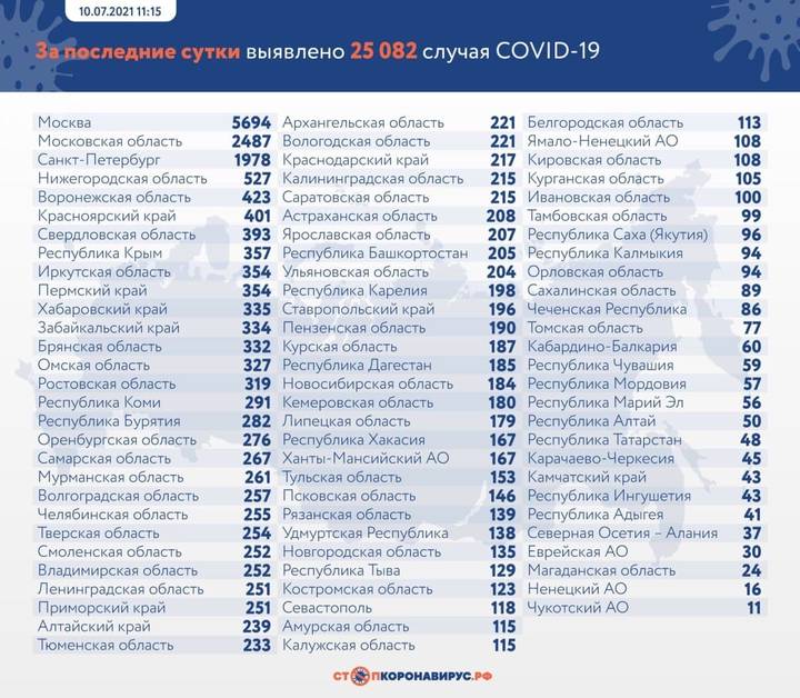 В России за сутки выявлено больше 25 тысяч новых случаев коронавируса