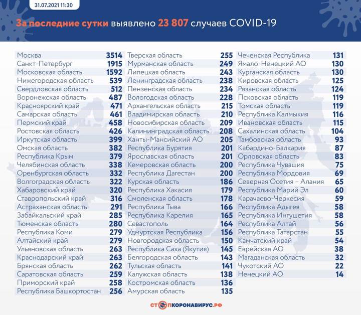 Более 23,8 тысячи новых случаев коронавируса выявили в России за сутки