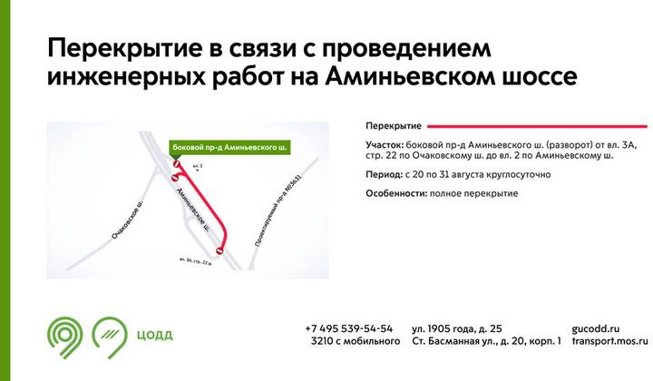 Движение на участке бокового проезда Аминьевского шоссе перекрыли до конца августа