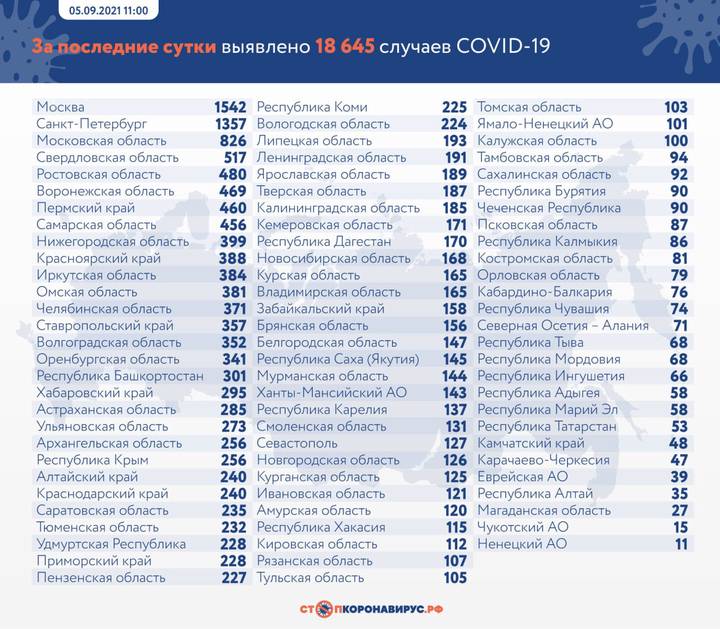 Еще 18 645 новых пациентов с COVID-19 выявили в России за сутки