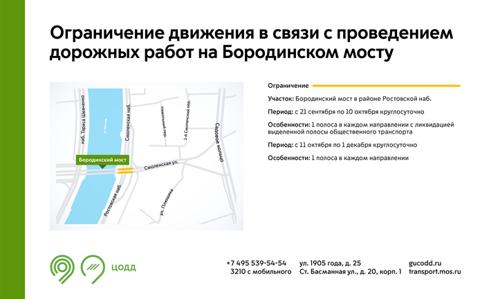 Движение транспорта временно ограничат на Бородинском мосту