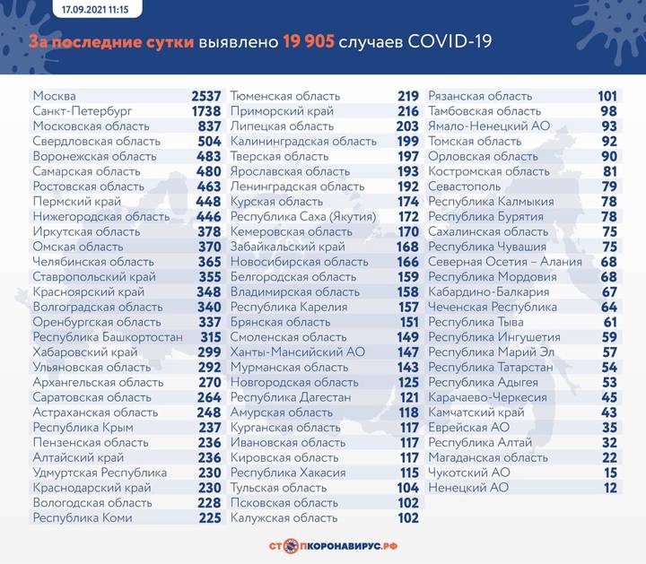 В России выявили 19 905 новых случаев коронавируса за сутки