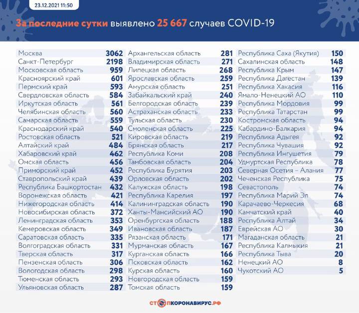 В России выявили 25 667 новых случаев COVID-19 за сутки