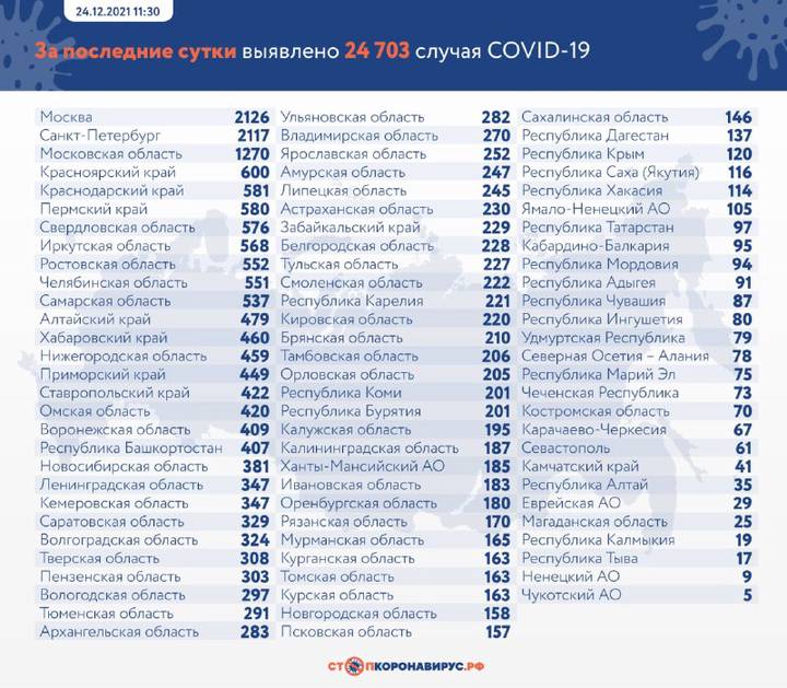 В России выявили 24 703 новых случая коронавируса за сутки
