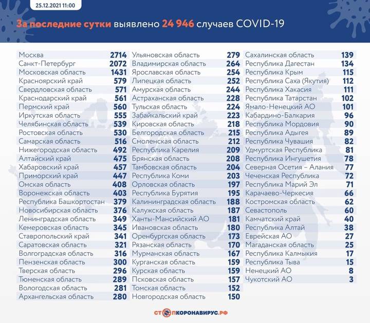 В России выявили 24 946 новых случаев коронавируса за сутки