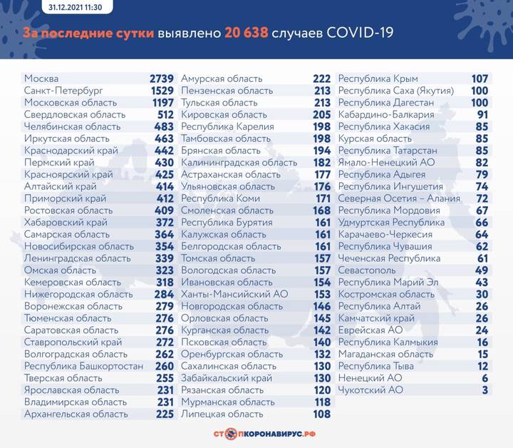 В России выявили 20 638 новых случаев коронавируса за сутки