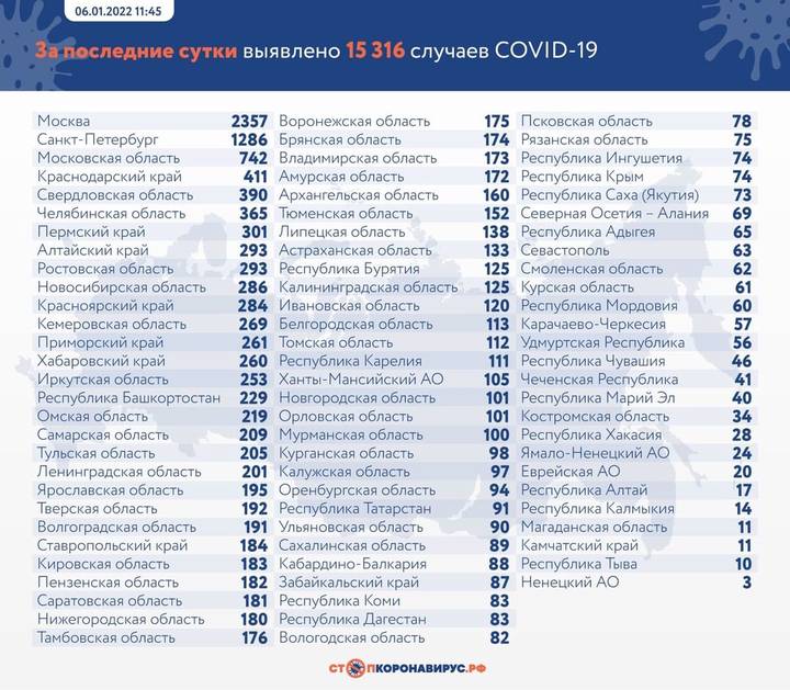 В России за сутки выявили 15 316 случаев COVID-19