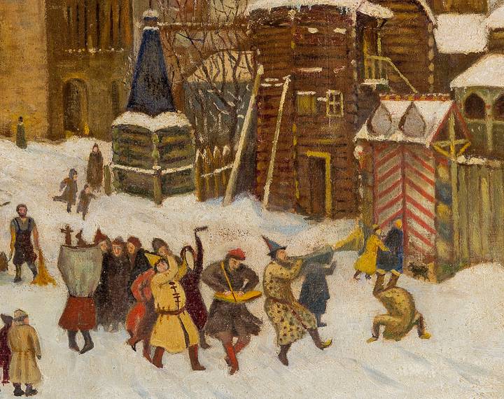 Фрагмент картины Аполлинария Васнецова «Всехсвятский каменный мост. Москва конца XVII века», 1901 год. Художник изобразил святочные гулянья