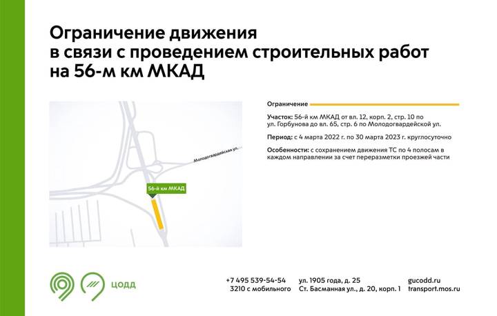 Движение ограничат на 56-м километре МКАД в связи со строительными работами