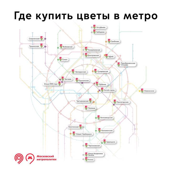 Москвичам перечислили станции метро с цветочными точками к 8 Марта