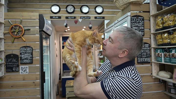 Хозяин рыбной лавки Олег Гугунава и его кот Лосось / Фото: Алексей Орлов / Вечерняя Москва