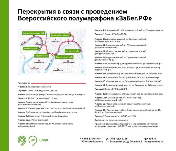 Москвичам напомнили про ограничения движения из-за полумарафона «ЗаБег.РФ»