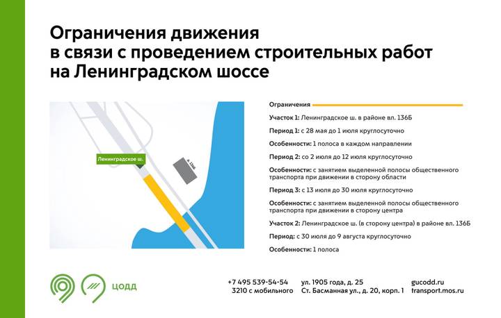 Движение на Ленинградском шоссе ограничат из-за строительных работ