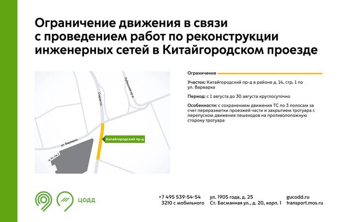 Движение в Китайгородском проезде будет ограничено с 1 августа
