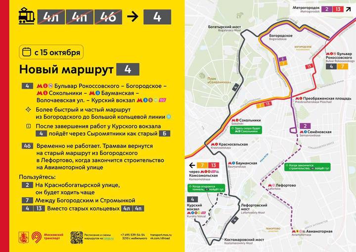 Трамваи № 4л, 4п и 46 в Москве объединят в новый маршрут