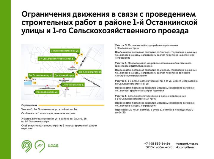 Полоса для движения в районе 1-й Останкинской улицы будет закрыта с 22 октября