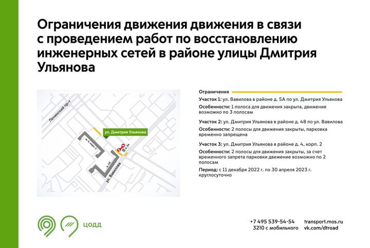 Движение на участке улицы Дмитрия Ульянова ограничат с 11 декабря по 30 апреля