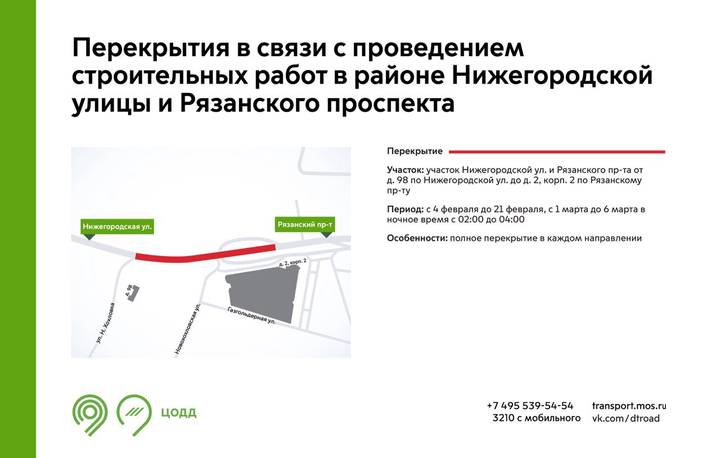 Движение на участках Нижегородской улицы и Рязанского проспекта будут перекрывать в феврале