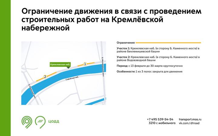На двух участках Кремлевской набережной ограничат движение до 25 марта
