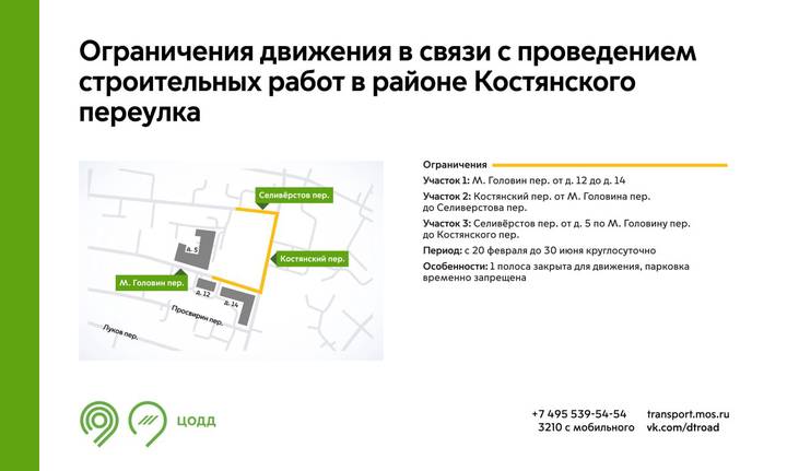 Движение транспорта ограничат в районе Костянского переулка до 30 июня