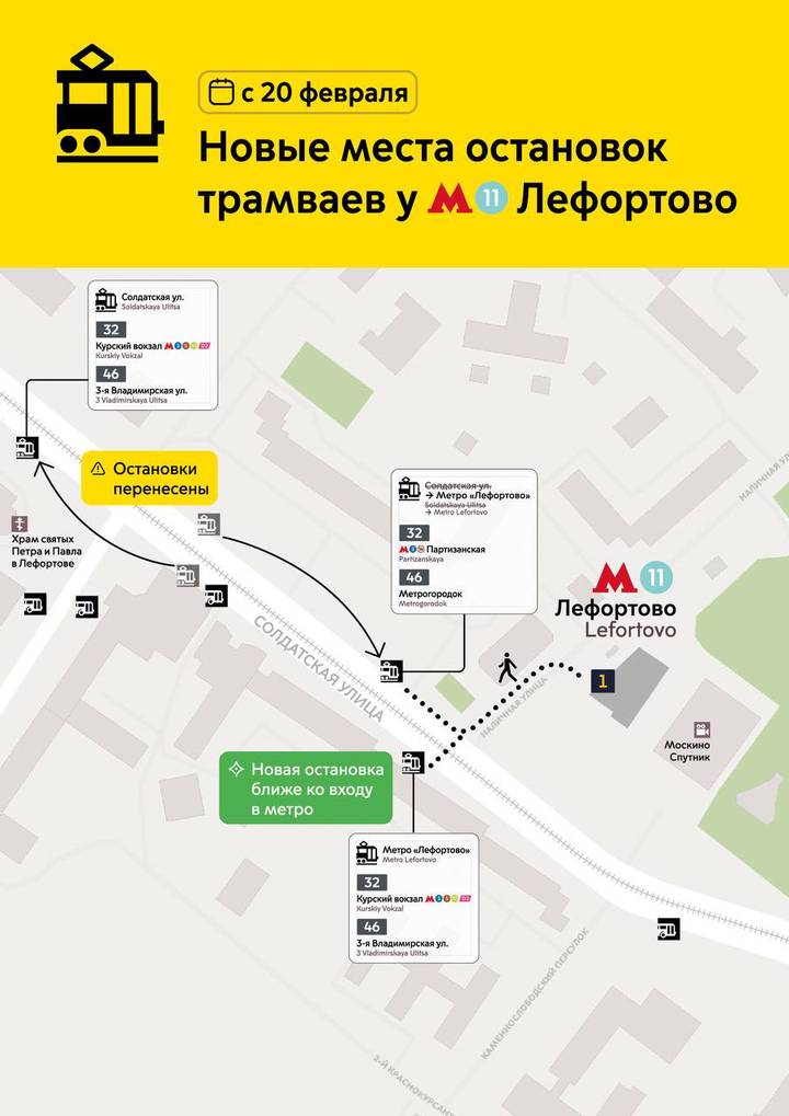 Места остановок трамваев № 32 и 46 у метро «Лефортово» изменятся с 20 февраля