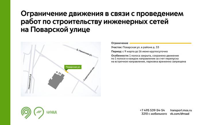 Движение на участке Поварской улицы перекроют до июня