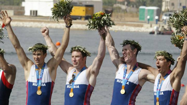 Игры-2004 в Афинах, золотая четверка (слева направо): Сергей Федоровцев, Игорь Кравцов, Алексей Свирин и Николай Спинев