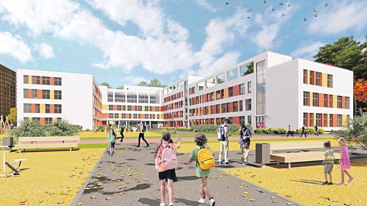 В Ватутинках появится школа-гигант на 1200 мест. Здание разделят на центральный пятиэтажный блок с входными зонами для начальной, средней и старшей школы, длинный корпус с блоком первых классов и короткий четырехэтажный блок с ИТ-полигоном. 