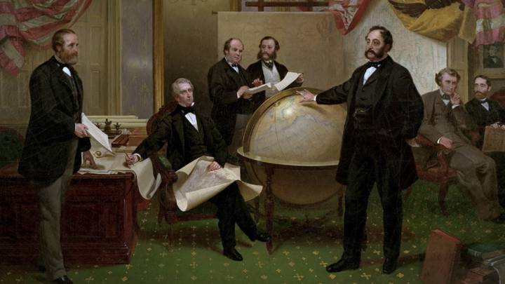 Подписание договора о продаже Аляски 30 марта 1867 года. Эмануэль Лойце, 1868 г.