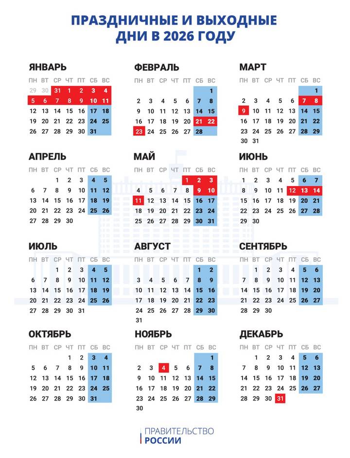 Когда будут отдыхать россияне в 2026 году: праздничные и выходные дни