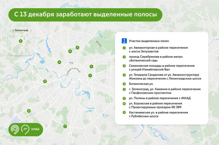 ЦОДД: С 13 декабря заработают новые выделенные полосы в Москве