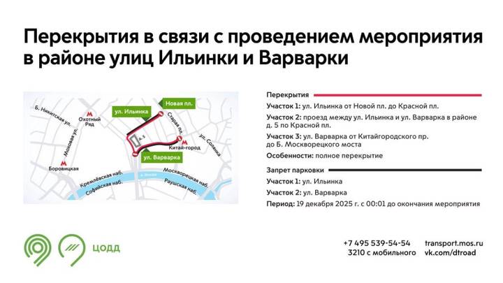19 декабря будут временно закрыты для движения улицы Ильинка и Варварка