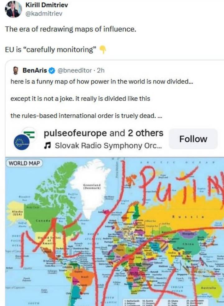 Дмитириев прокомментировал карту мира с разделением на зоны Путина, Трампа и Си