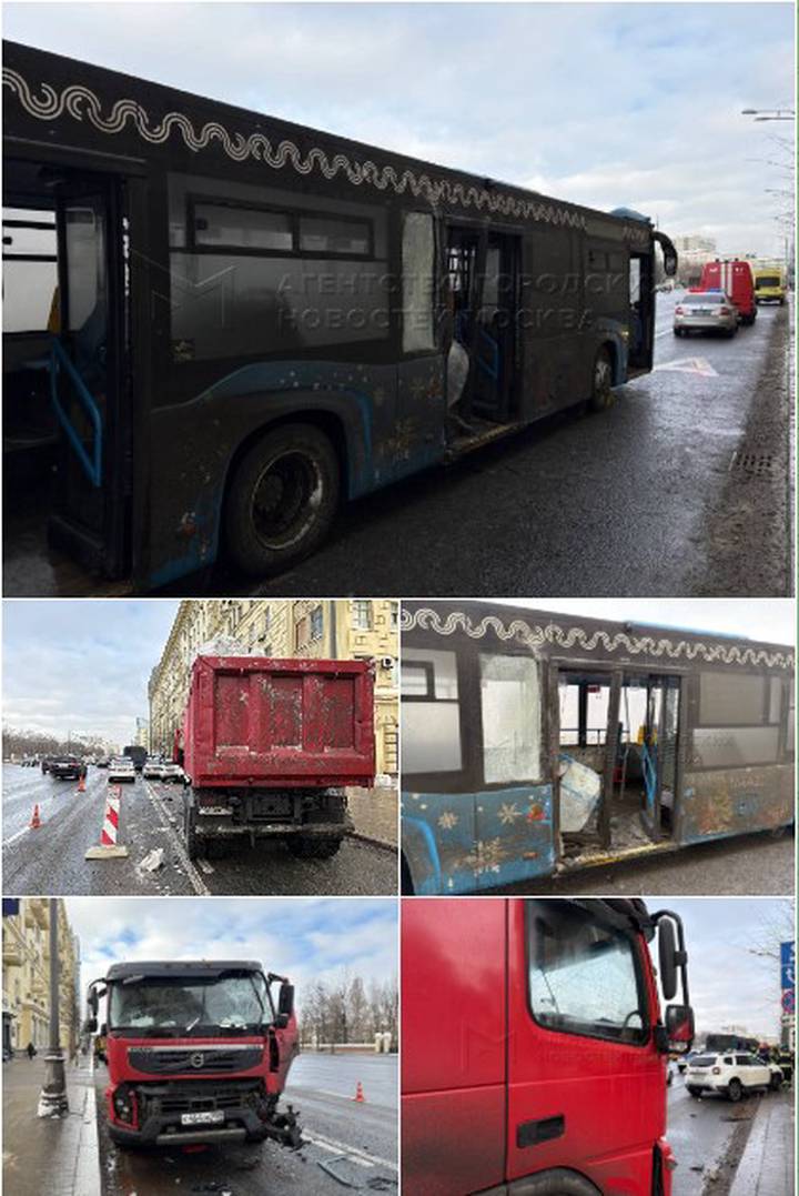 Появилось видео ДТП грузовика с автобусом на Ленинском проспекте в Москве
