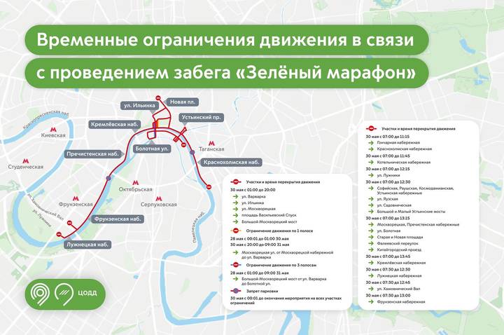 Москвичам напомнили о перекрытиях движения 30 мая из-за забега