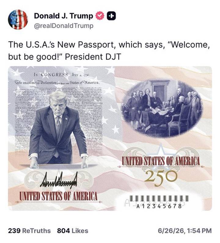 Trump showed off a new US passport design with his photo and signature